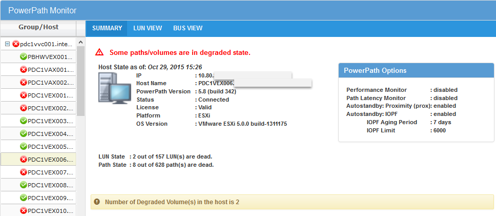 EMC PowerPath Virtual Appliance Version 2.0 SP1 - ESX host summary - degraded